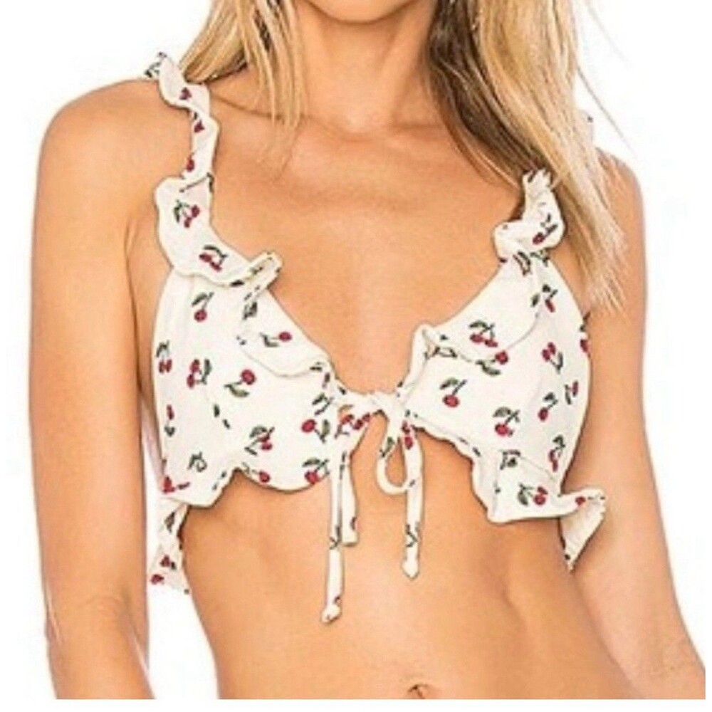 For Love & Lemons White Cherry Print Ruffle Bikini Top